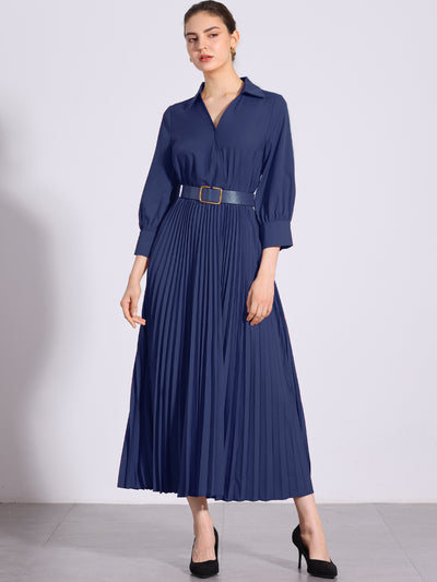 Collar V Neck Belted Dressy Casual Pleated Maxi Dress