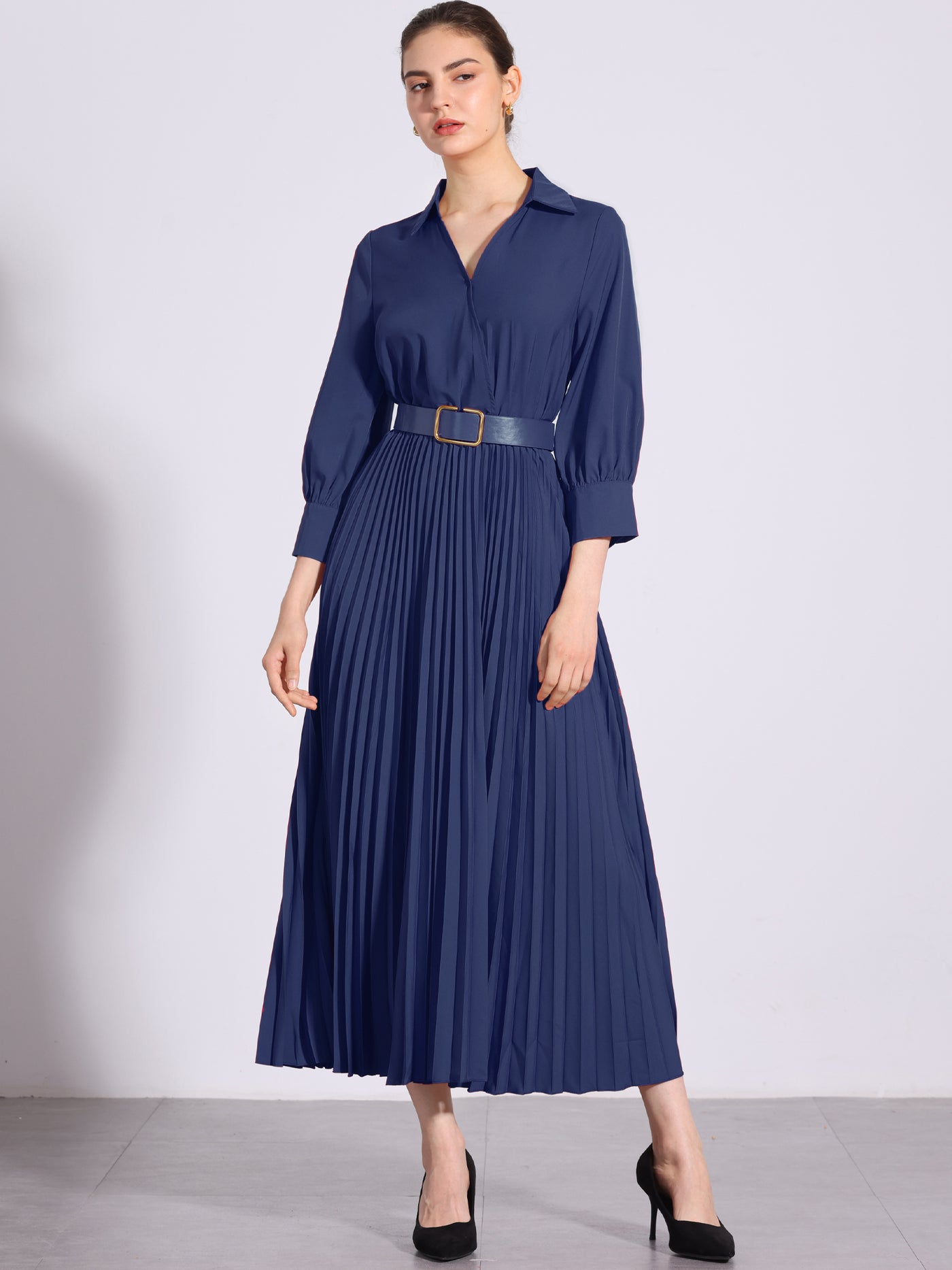 Allegra K Collar V Neck Belted Dressy Casual Pleated Maxi Dress