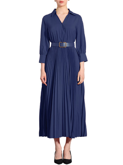 Collar V Neck Belted Dressy Casual Pleated Maxi Dress