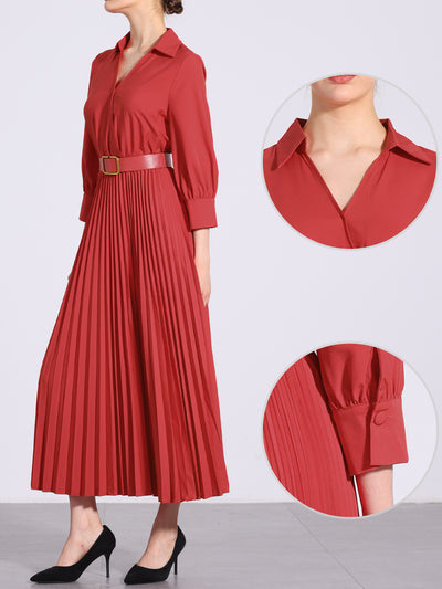 Collar V Neck Belted Dressy Casual Pleated Maxi Dress