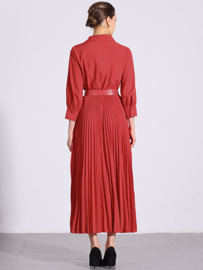 Collar V Neck Belted Dressy Casual Pleated Maxi Dress