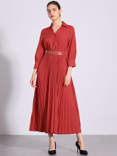 Collar V Neck Belted Dressy Casual Pleated Maxi Dress