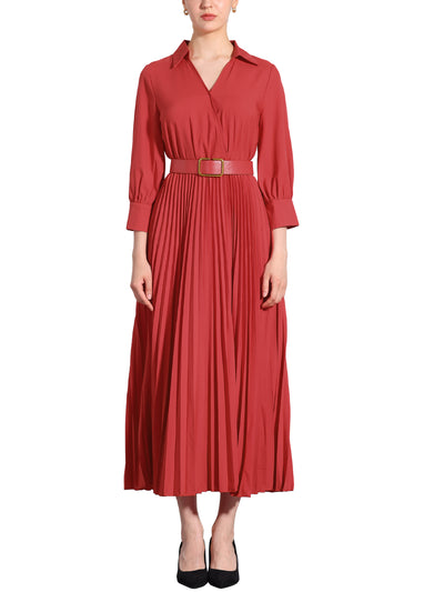 Collar V Neck Belted Dressy Casual Pleated Maxi Dress