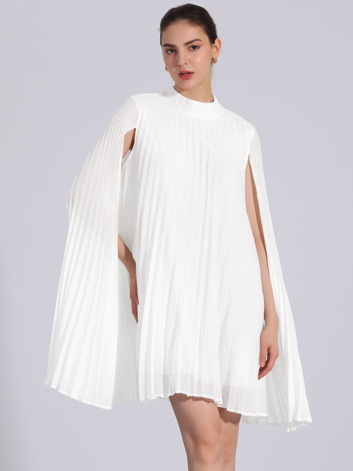 Allegra K Loose Flowy Cloak Sleeve Cape Pleated Chiffon Mini Dress