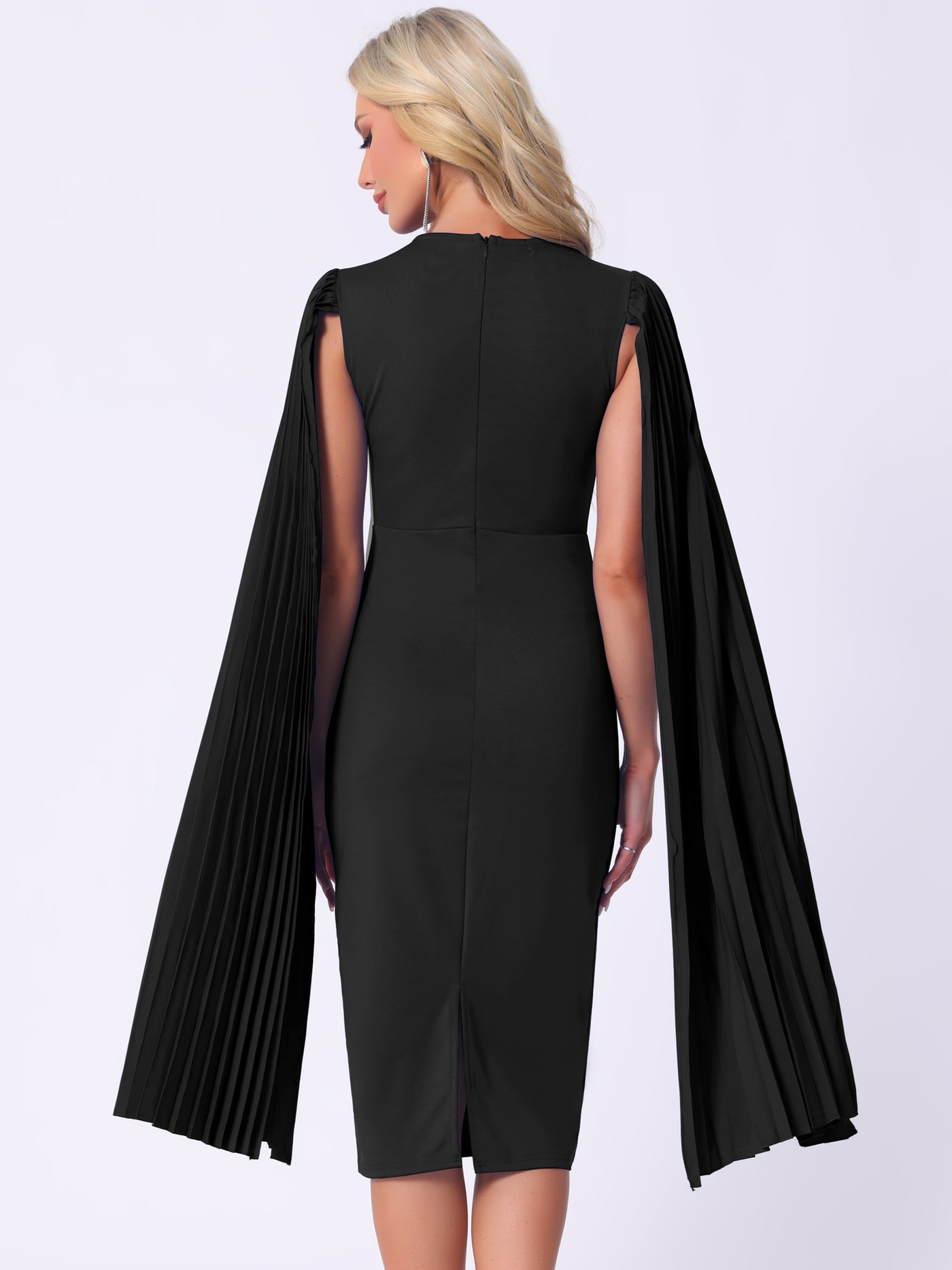 Allegra K Pleated Cloak Long Sleeves Midi Sheath Dress