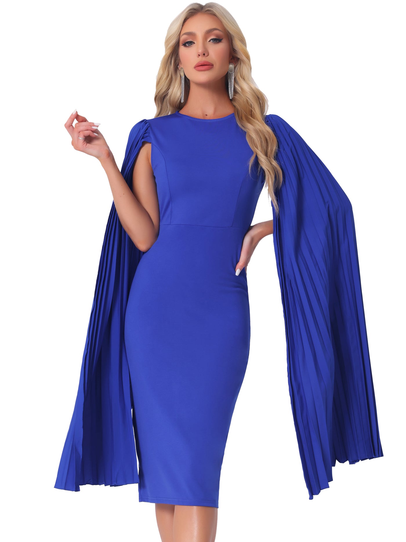 Allegra K Pleated Cloak Long Sleeves Midi Sheath Dress