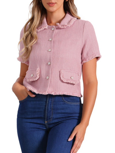 Tweed Tassel Cropped Length Summer Short Sleeve Shirt