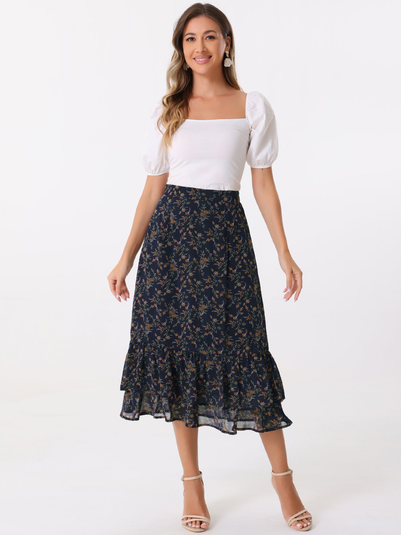 Allegra K Chiffon Printed Elastic Waist Ruffle Tiered Flowy Midi Skirt