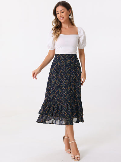 Chiffon Printed Elastic Waist Ruffle Tiered Flowy Midi Skirt