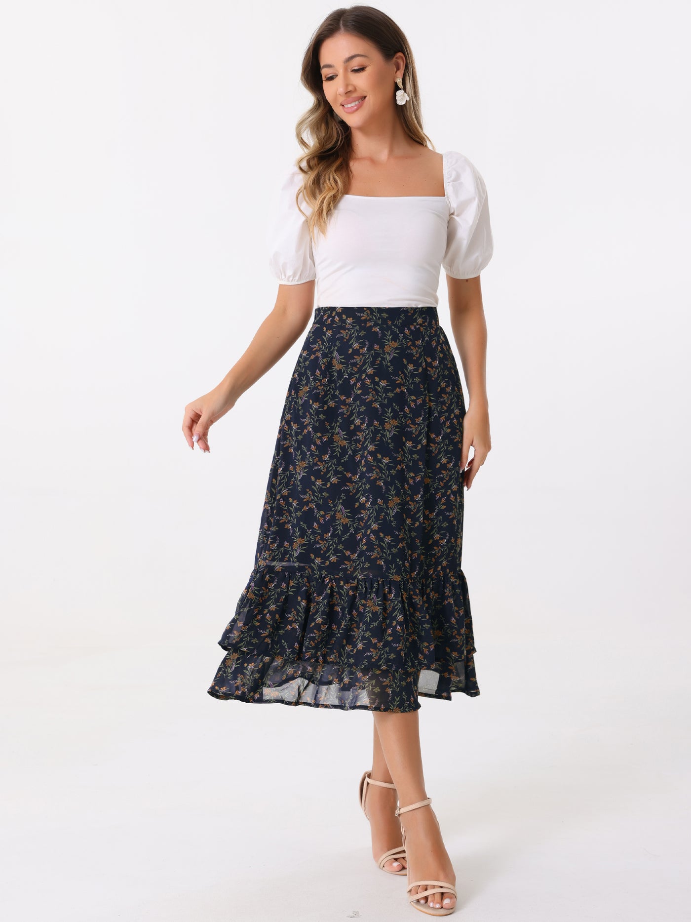 Allegra K Chiffon Printed Elastic Waist Ruffle Tiered Flowy Midi Skirt