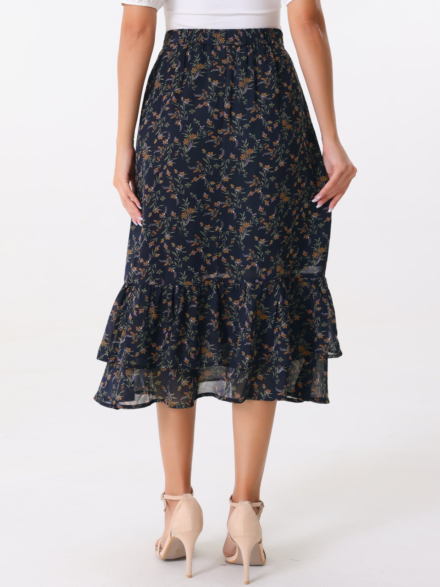 Allegra K Chiffon Printed Elastic Waist Ruffle Tiered Flowy Midi Skirt