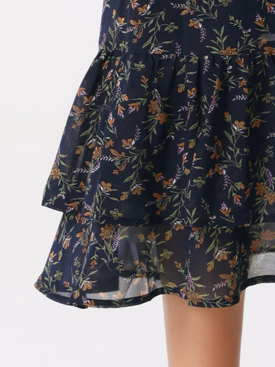 Chiffon Printed Elastic Waist Ruffle Tiered Flowy Midi Skirt