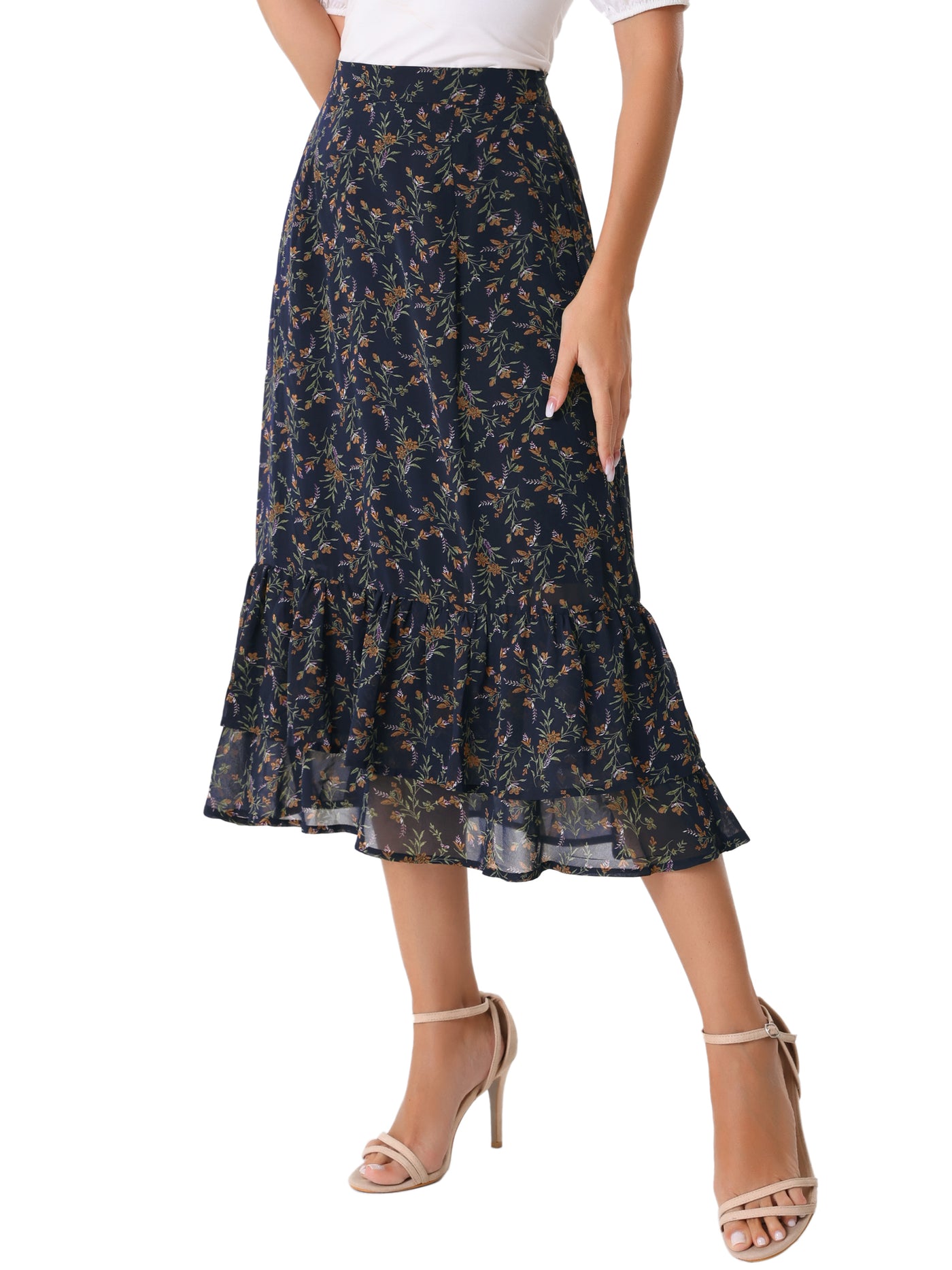 Allegra K Chiffon Printed Elastic Waist Ruffle Tiered Flowy Midi Skirt