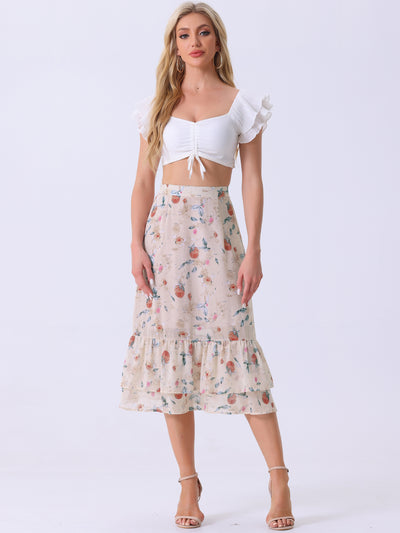 Chiffon Printed Elastic Waist Ruffle Tiered Flowy Midi Skirt