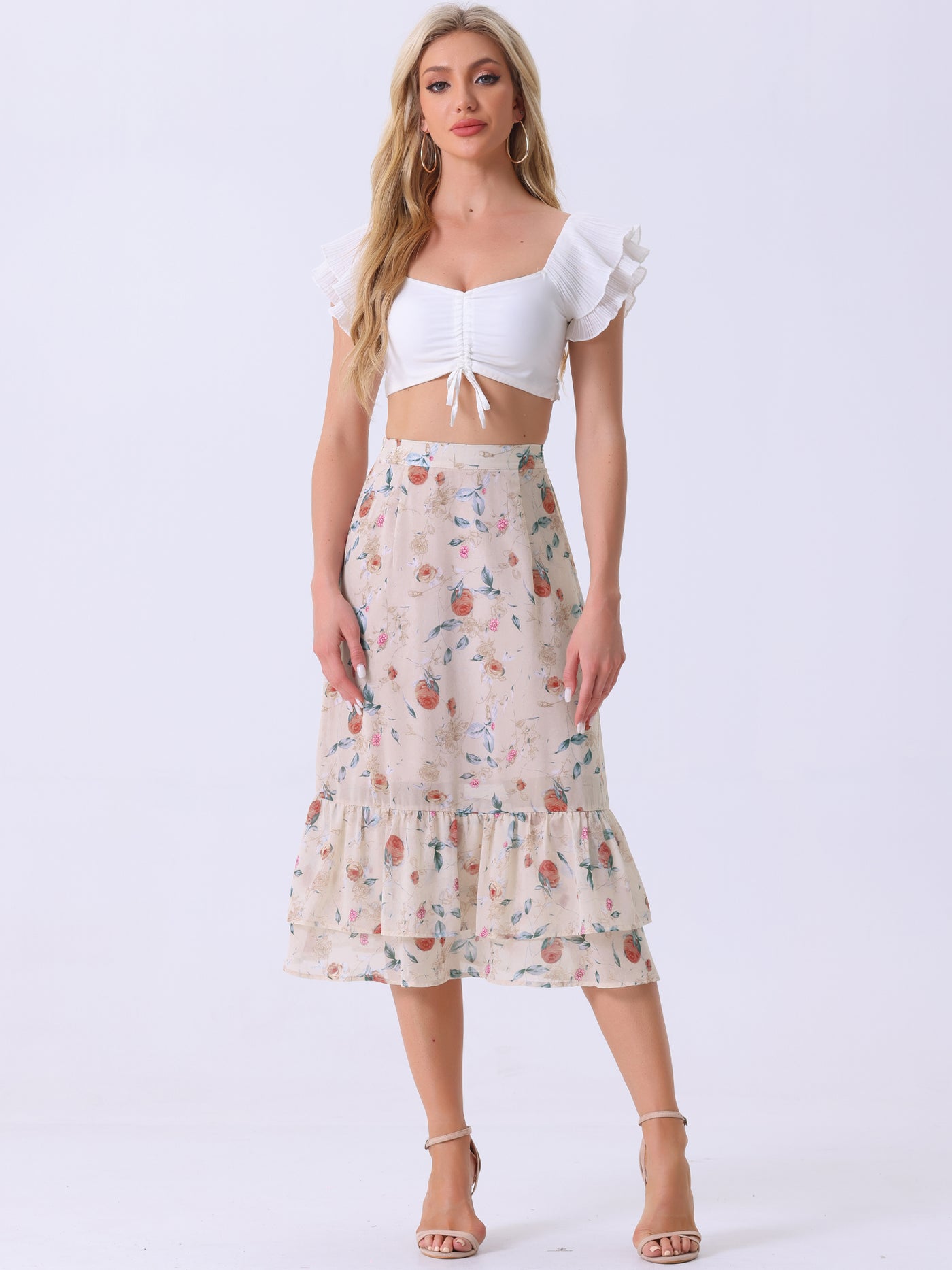 Allegra K Chiffon Printed Elastic Waist Ruffle Tiered Flowy Midi Skirt