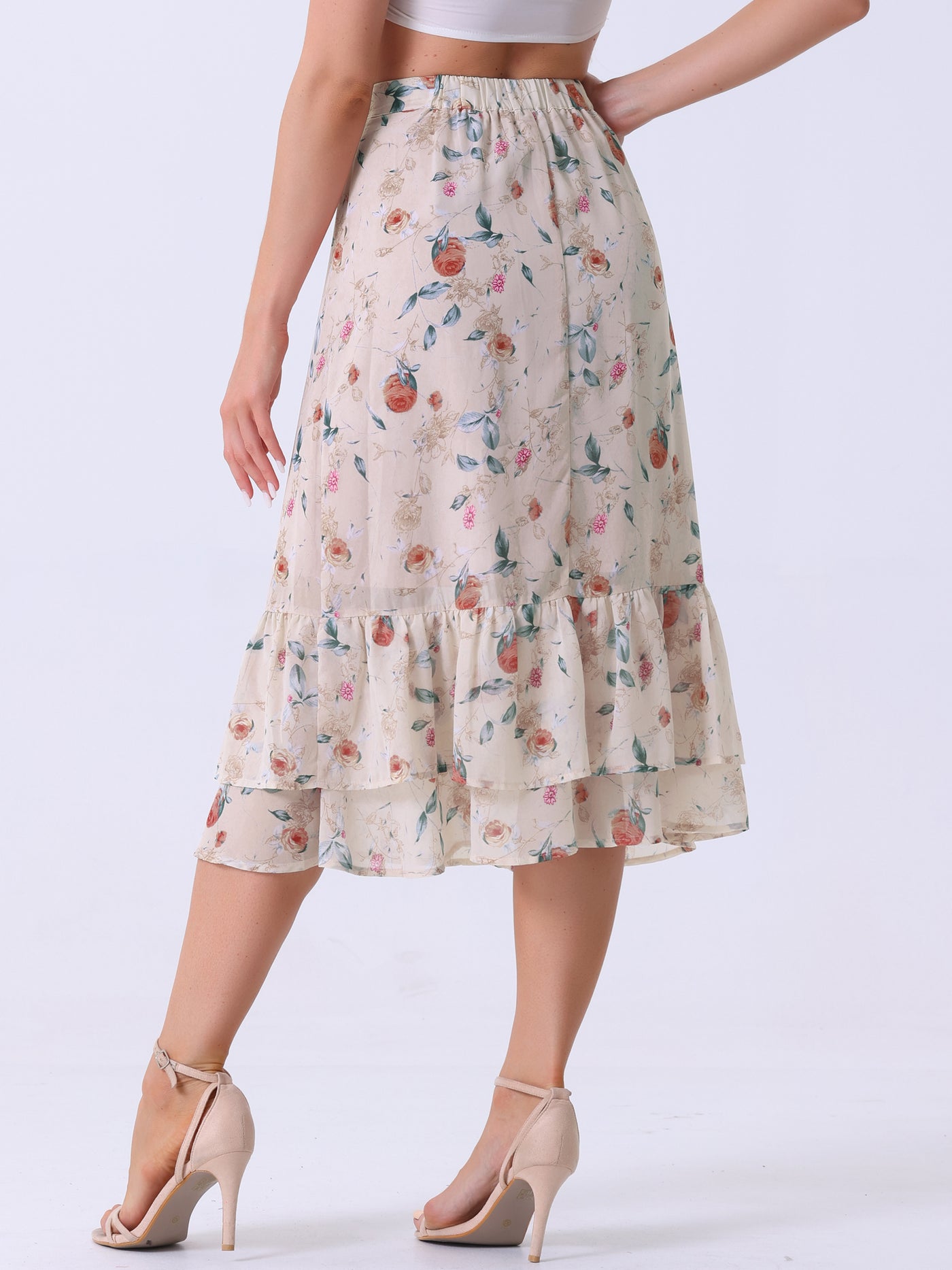 Allegra K Chiffon Printed Elastic Waist Ruffle Tiered Flowy Midi Skirt