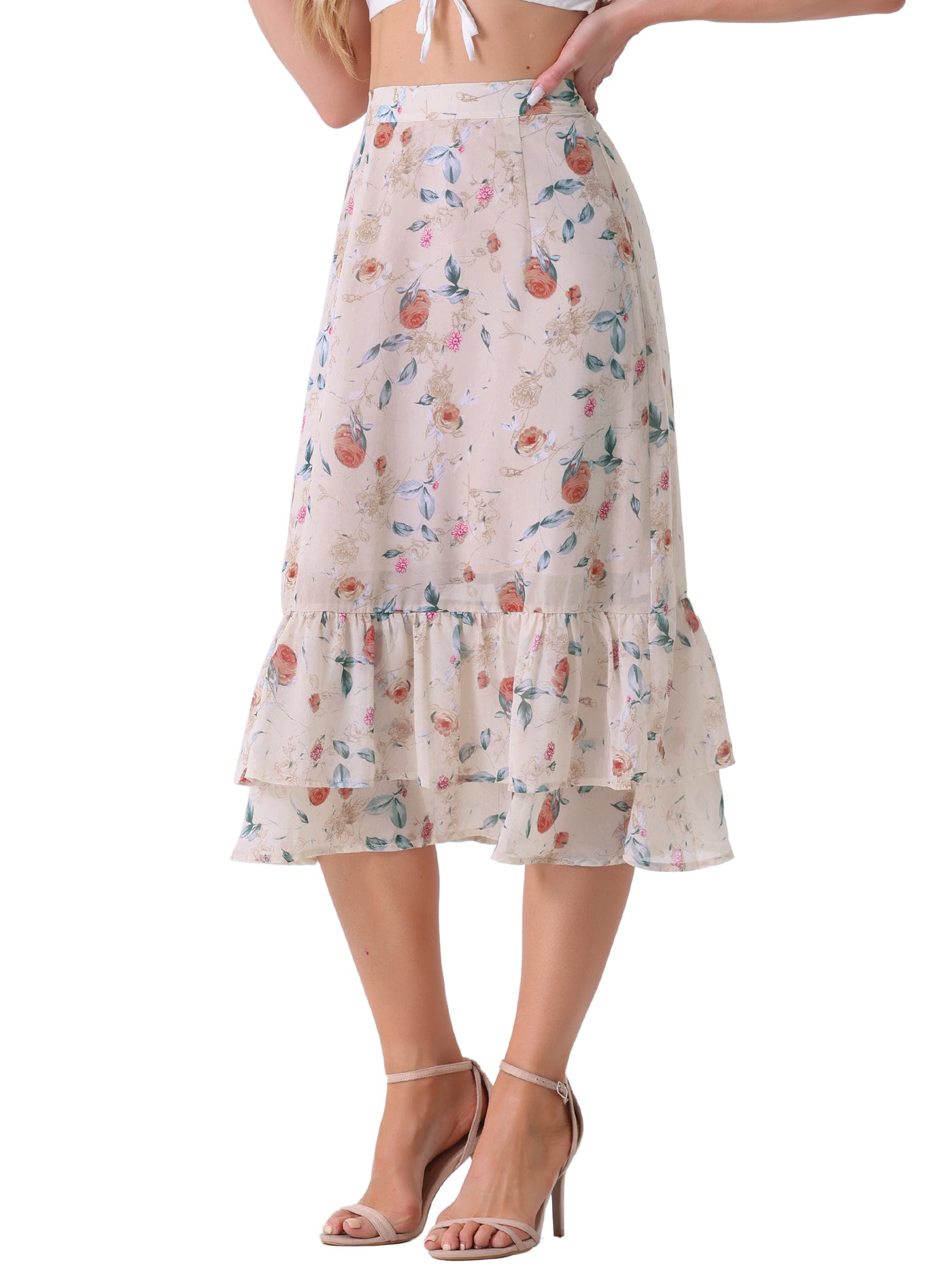 Allegra K Chiffon Printed Elastic Waist Ruffle Tiered Flowy Midi Skirt