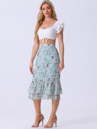 Chiffon Printed Elastic Waist Ruffle Tiered Flowy Midi Skirt