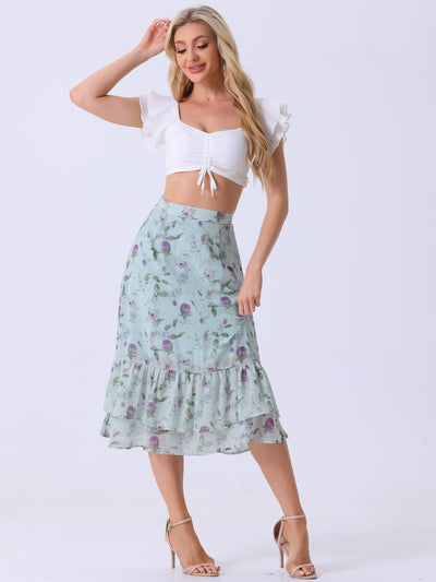 Chiffon Printed Elastic Waist Ruffle Tiered Flowy Midi Skirt