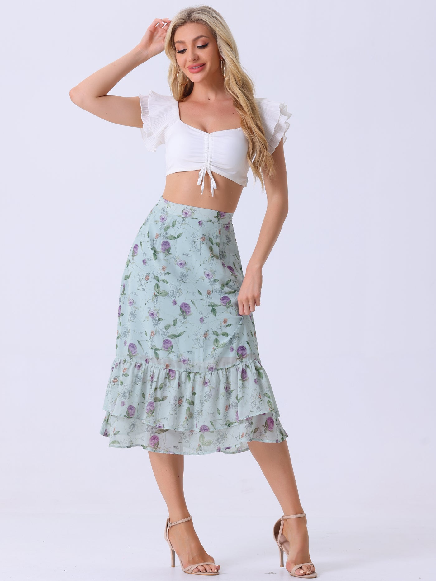 Allegra K Chiffon Printed Elastic Waist Ruffle Tiered Flowy Midi Skirt