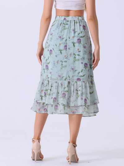 Chiffon Printed Elastic Waist Ruffle Tiered Flowy Midi Skirt