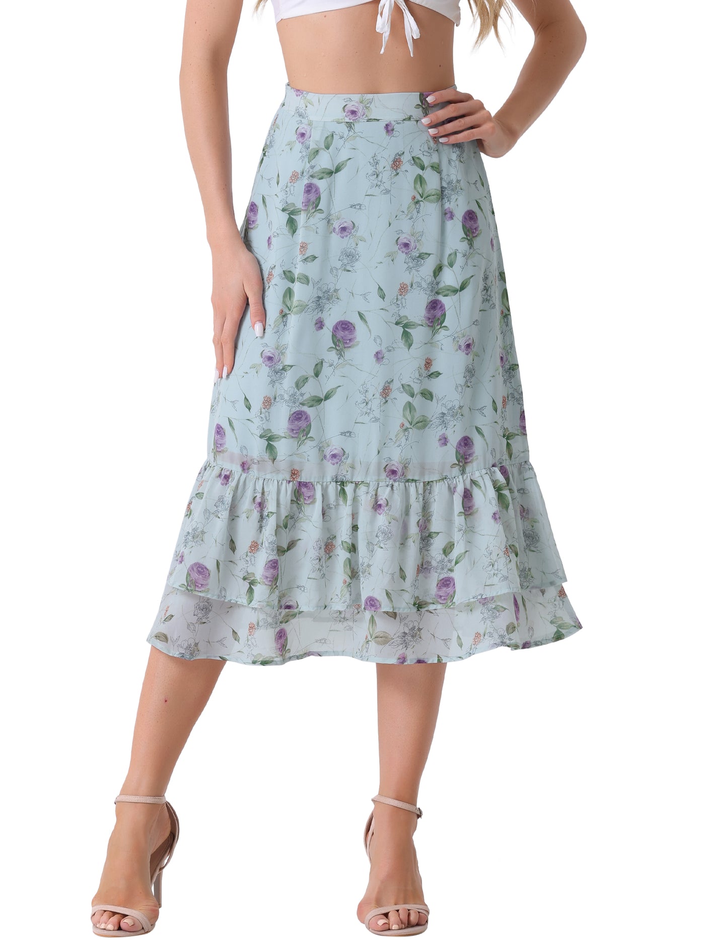 Allegra K Chiffon Printed Elastic Waist Ruffle Tiered Flowy Midi Skirt