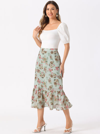 Chiffon Printed Elastic Waist Ruffle Tiered Flowy Midi Skirt