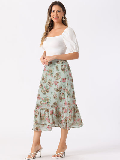 Chiffon Printed Elastic Waist Ruffle Tiered Flowy Midi Skirt