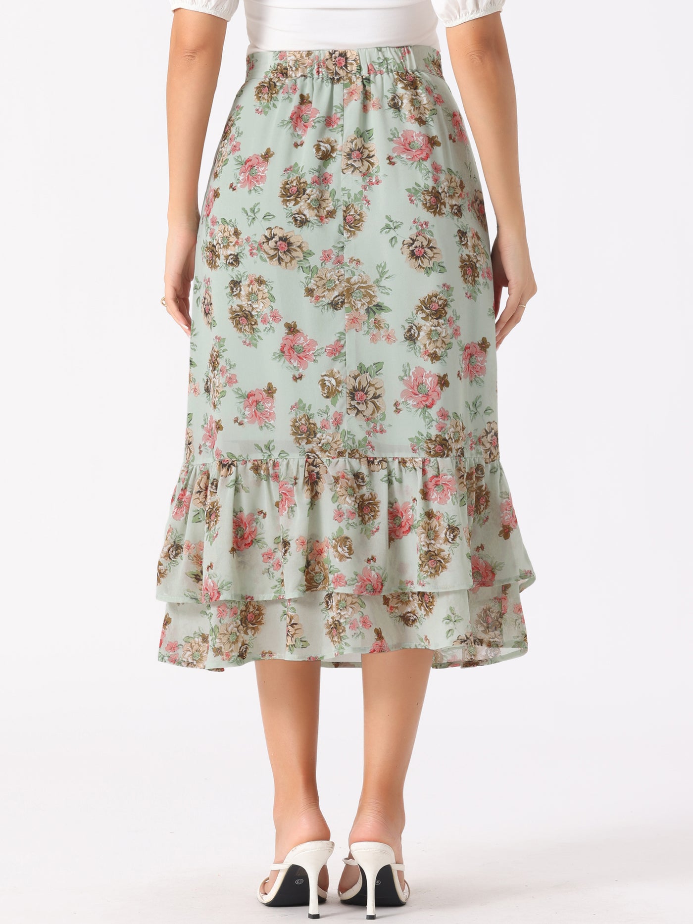 Allegra K Chiffon Printed Elastic Waist Ruffle Tiered Flowy Midi Skirt