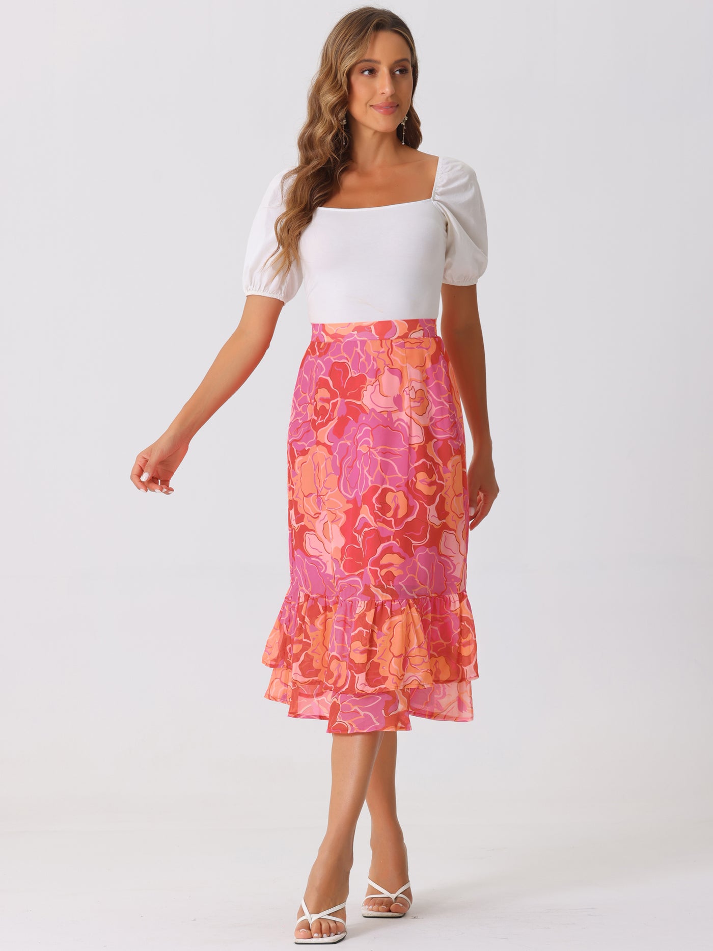 Allegra K Chiffon Printed Elastic Waist Ruffle Tiered Flowy Midi Skirt