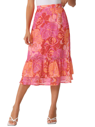 Chiffon Printed Elastic Waist Ruffle Tiered Flowy Midi Skirt