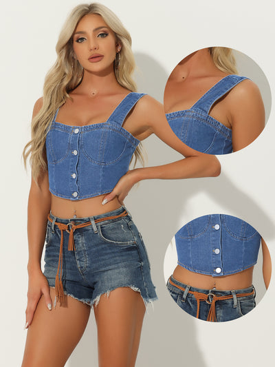 Button Down Sleeveless Bustier Jean Cropped Denim Corset Tops