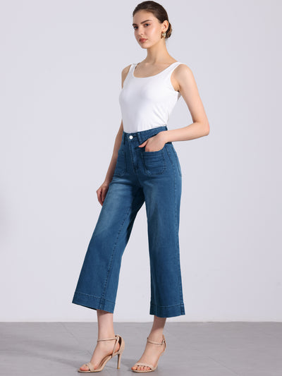 Straight JCasual Denim Pants with Pockets High Waist Capris Cropped Jeans