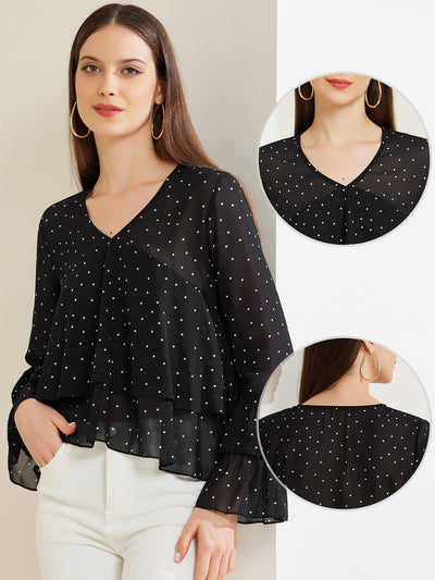 Polka Dot Mesh Long Sleeve Flouncing Casual Blouse