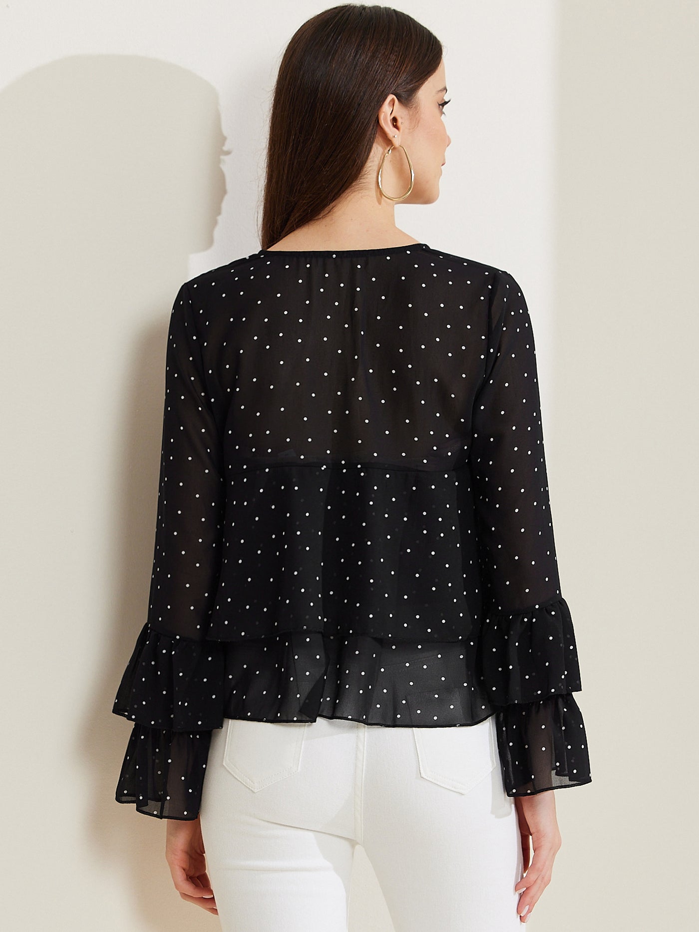 Allegra K Polka Dot Mesh Long Sleeve Flouncing Casual Blouse