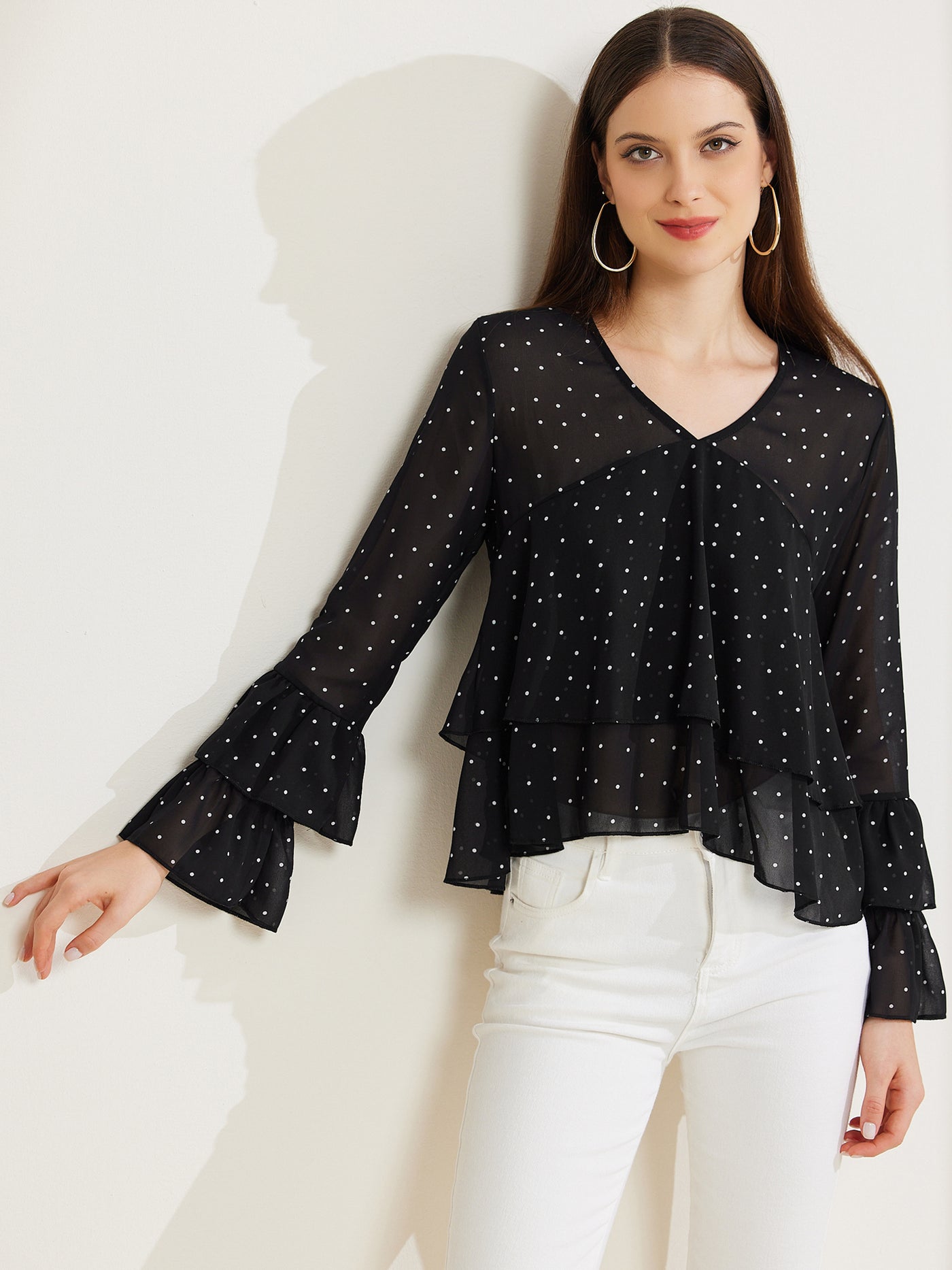 Allegra K Polka Dot Mesh Long Sleeve Flouncing Casual Blouse