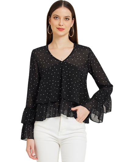 Polka Dot Mesh Long Sleeve Flouncing Casual Blouse