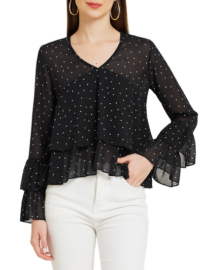 Polka Dot Mesh Long Sleeve Flouncing Casual Blouse