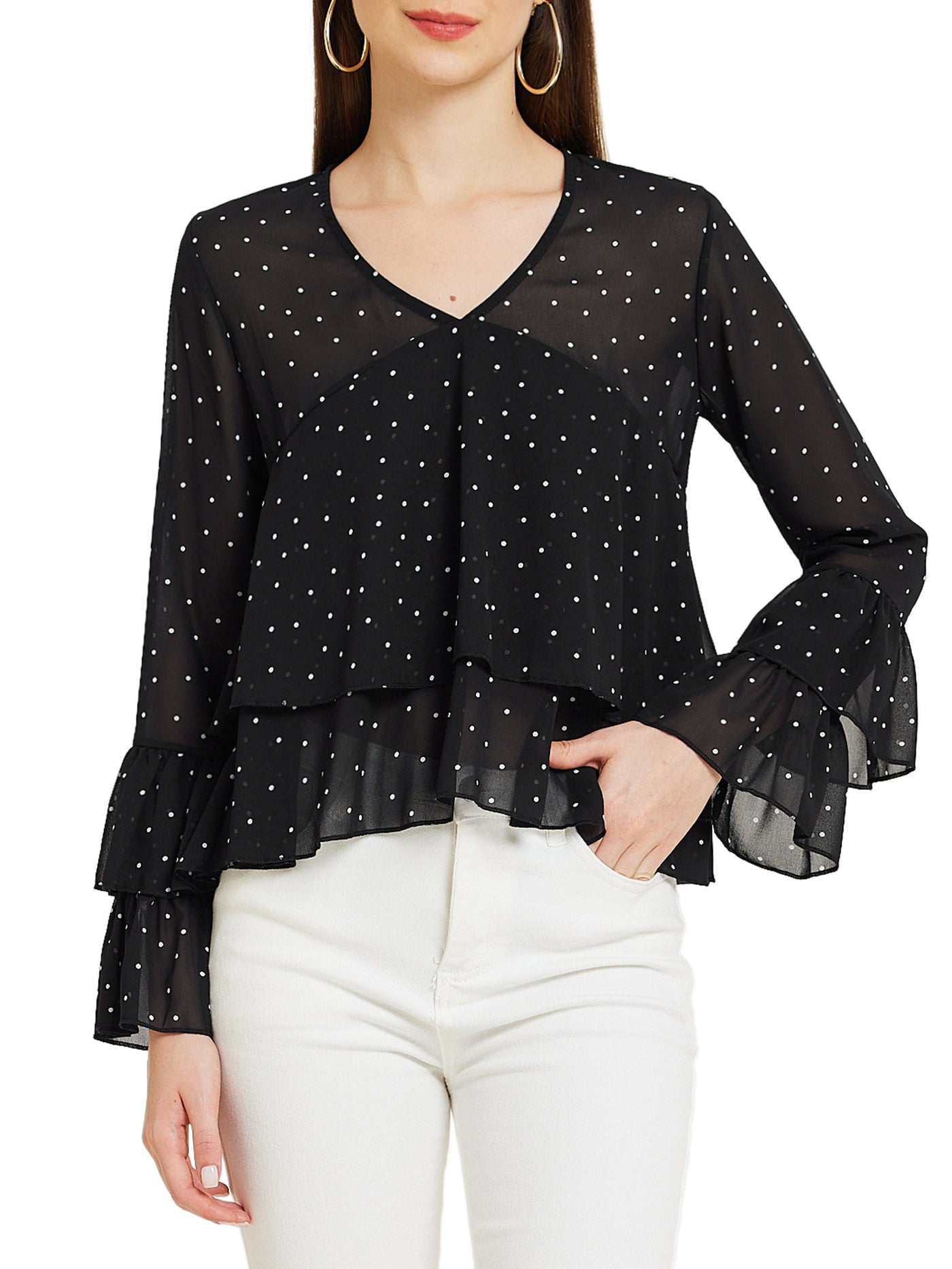 Allegra K Polka Dot Mesh Long Sleeve Flouncing Casual Blouse