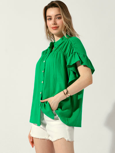 Button Up Textured Ruffle Sleeve Casual Blouse