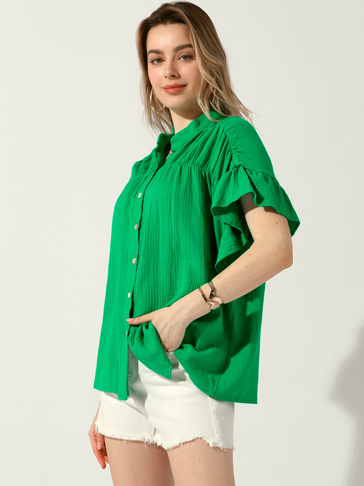 Allegra K Button Up Textured Ruffle Sleeve Casual Blouse