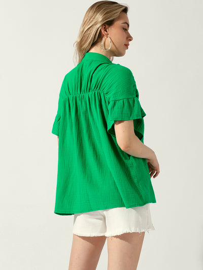 Button Up Textured Ruffle Sleeve Casual Blouse