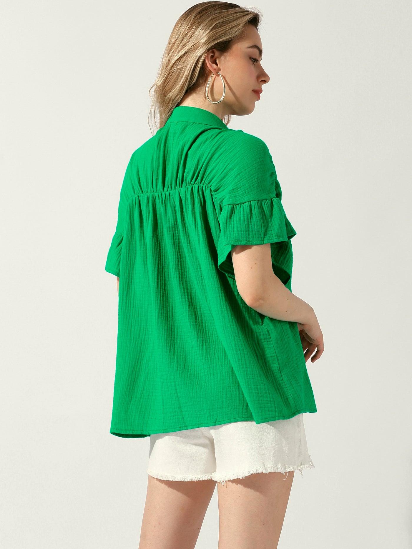 Allegra K Button Up Textured Ruffle Sleeve Casual Blouse