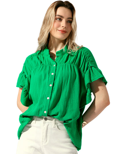 Button Up Textured Ruffle Sleeve Casual Blouse