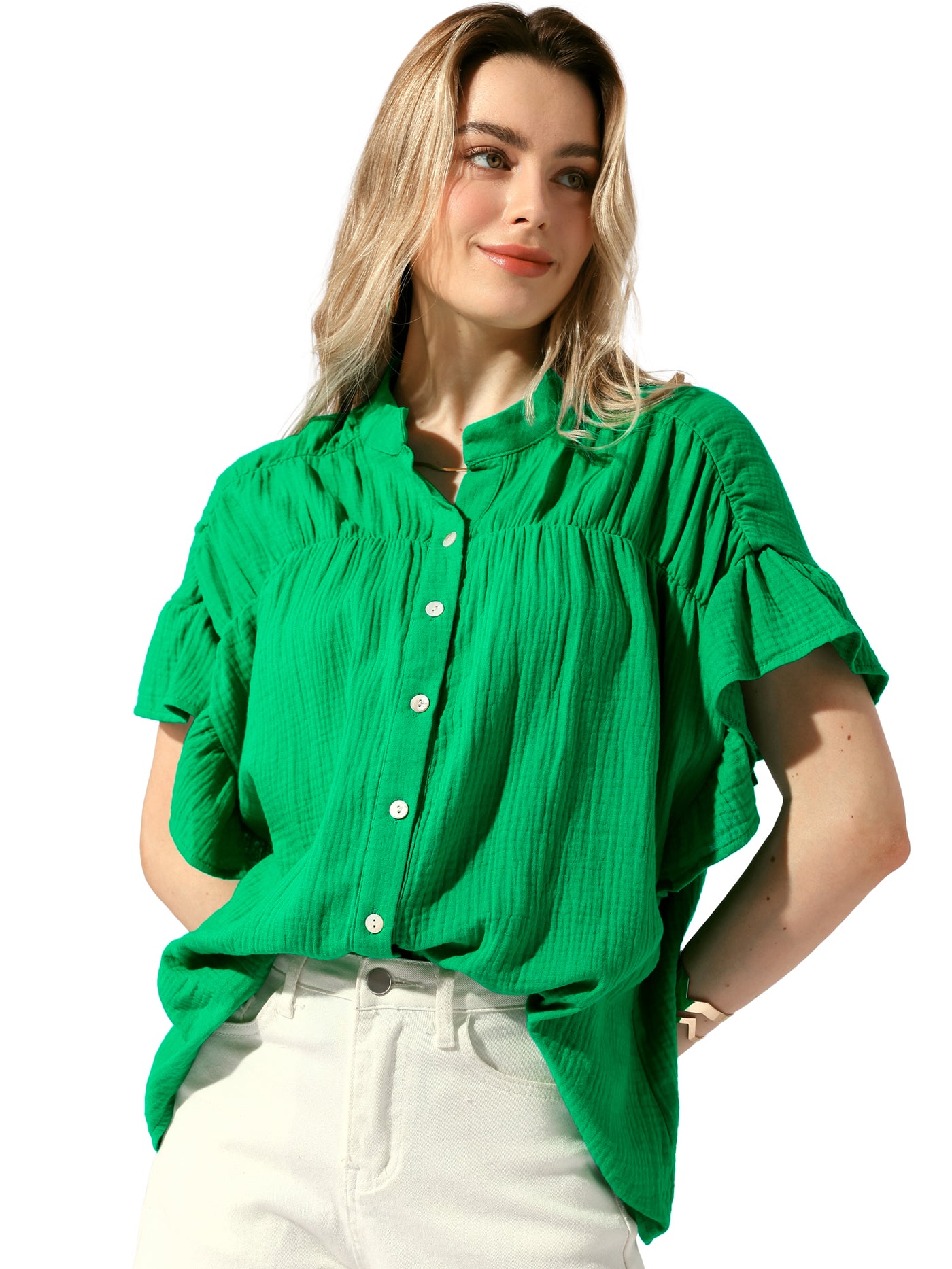 Allegra K Button Up Textured Ruffle Sleeve Casual Blouse