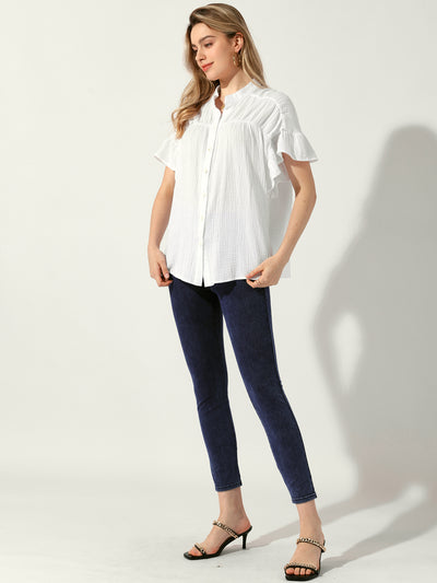 Button Up Textured Ruffle Sleeve Casual Blouse