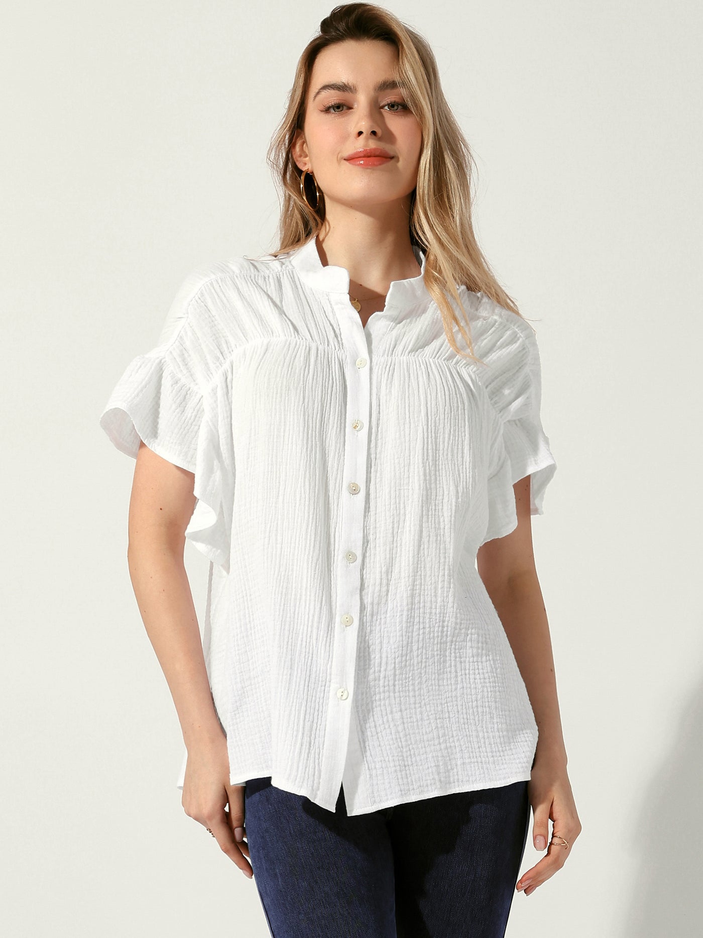 Allegra K Button Up Textured Ruffle Sleeve Casual Blouse