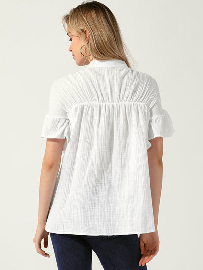 Button Up Textured Ruffle Sleeve Casual Blouse