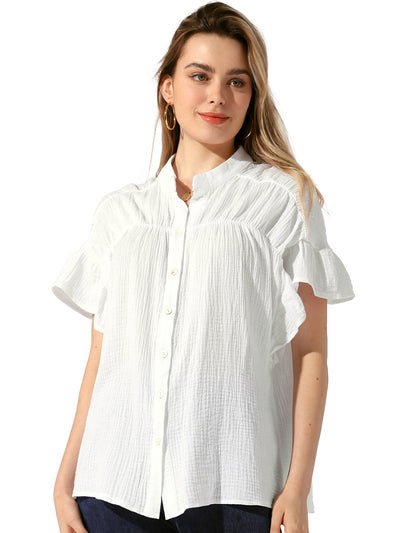 Button Up Textured Ruffle Sleeve Casual Blouse