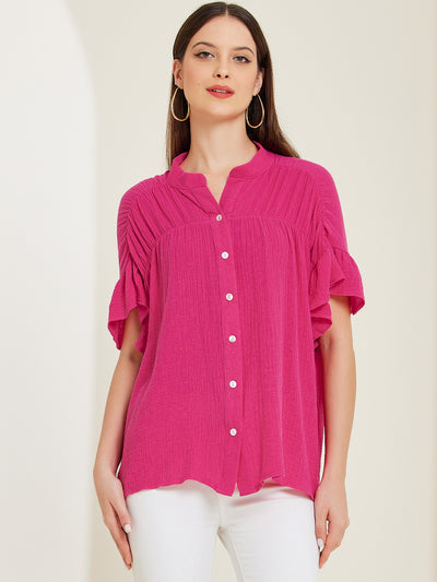 Button Up Textured Ruffle Sleeve Casual Blouse